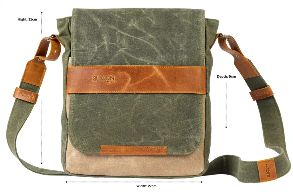 Olive Green & Tan Leather Messenger Bag Dimuntions