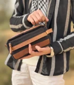 Charcoal Black & Caramel Leather Handbag - Image 2