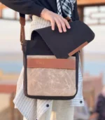 Charcoal Black & Caramel Leather Messenger Bag - Image 3