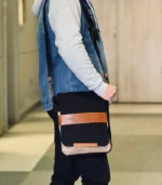 Charcoal Black & Caramel Leather Messenger Bag - Image 2