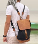 Charcoal Black & Caramel Leather Backpack - Image 4