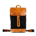 charcoal black and caramel leather backpack from Sukoon Leather made of pull-up leather and waxed canvas