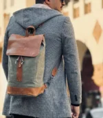 Olive Green & Tan Leather Backpack - Image 2