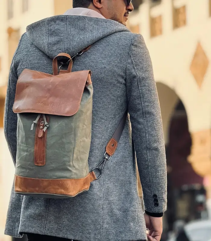 Olive Green & Tan Leather Backpack Bag (2)