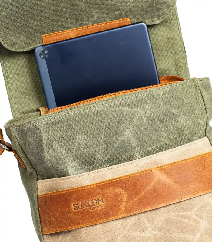 Olive Green & Tan Leather Messenger Bag (3)