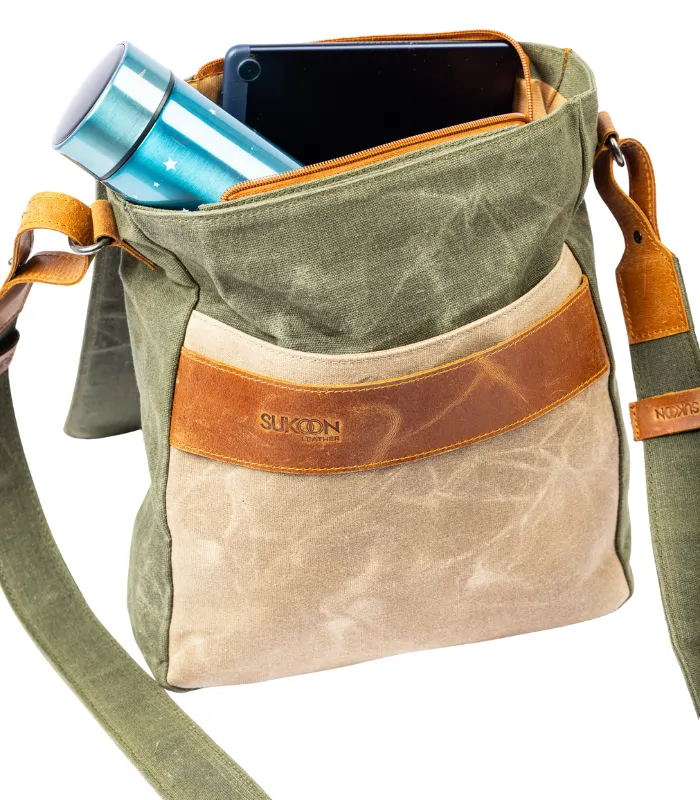 Olive Green & Tan Leather Messenger Bag Main (1)