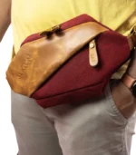 Crimson Nomad crossbody bag worn waist