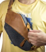 Midnight Nomad leather crossbody bag by Sukoon worn chest