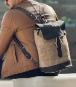 sand beige and chocolate leather backpack from Sukoon Leather made of pull-up leather and waxed canvas